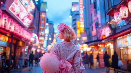 Obraz premium Young woman in pink kimono strolls through a vibrant, neon-lit city street at twilight.