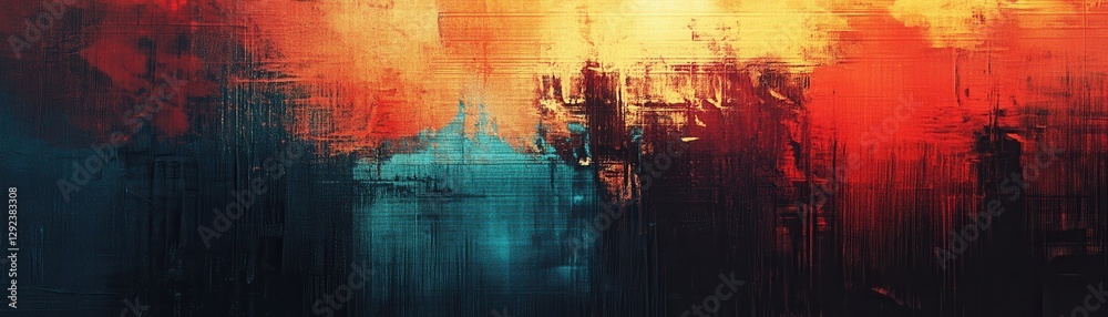 Poster abstract fiery and teal landscape with vibrant color contrasts and dynamic brushstrokes