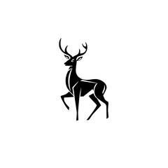 Silhouette of a Deer with Horns on White.