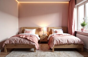 Interior for two teenage girls, in the room there are two white beds, sconces above the beds, paintings on the wall, a white wardrobe.