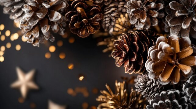 Festive winter arrangement of gold and brown pine cones, sparkling bokeh lights, and star accents. - Powered by Adobe