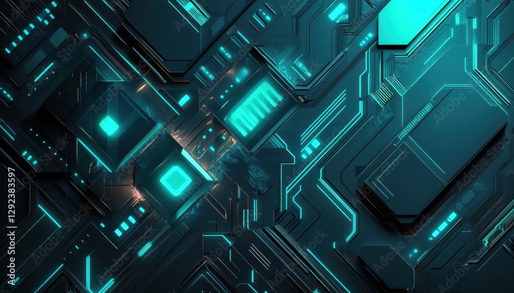 Poster abstract futuristic circuit board with glowing teal and blue components