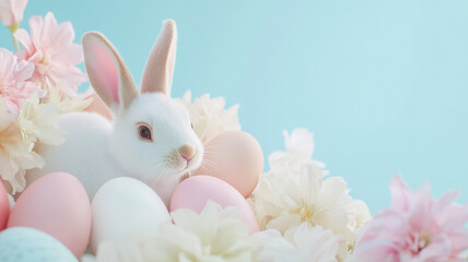 Fototapeta premium White bunny with pastel Easter eggs and spring flowers on a light blue background