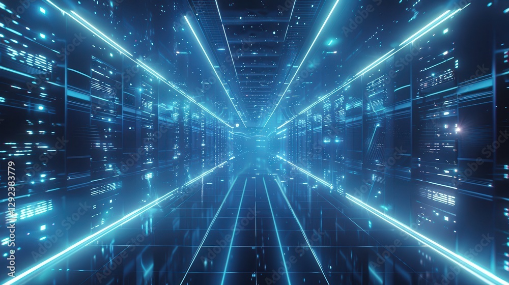 Aufkleber Abstract Futuristic Digital Tunnel with Glowing Blue Lines and Data Stream