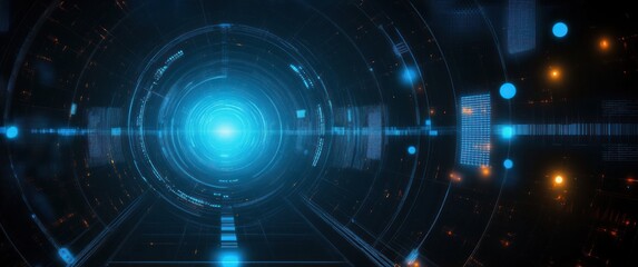 Obraz premium Futuristic Digital Landscape with Glowing Circles and Geometric Lines in Cyberpunk Art Style