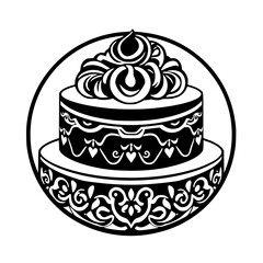 Detailed Illustration of a layered cake within a circle, featuring swirls, hearts, and decorative elements.