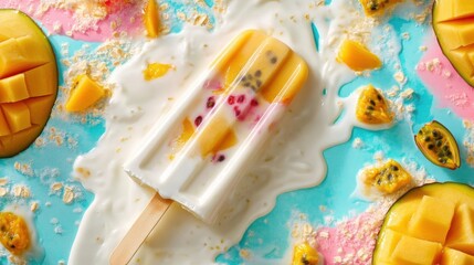 Fototapeta premium A refreshing mango popsicle melting on a colorful surface is seen