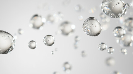 Photo of bubbles, drops or droplets of clear water splashing on a white background