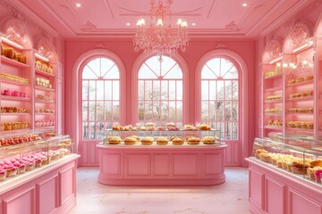 Discover a magical and whimsical pink bakery that showcases a wonderful variety of delightful pastries, exquisite sweets, and delectable desserts all set within a charming and inviting ambiance