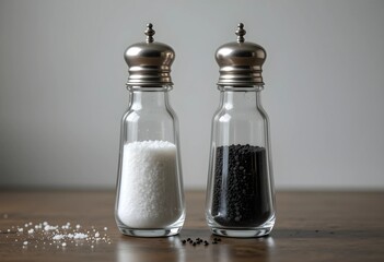A pair of classic salt and pepper shakers on a tabletop. Transparent glass with metal tops, filled with white salt and black pepper. Soft lighting highlights their texture against a neutral background