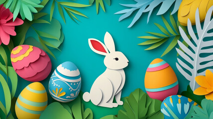 Easter Paper Cut Illustration with Bunny and Decorated Eggs
