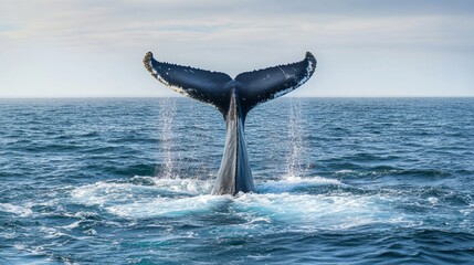 Naklejka premium Humpback whale lifting its massive tail from the ocean surface marine environment wildlife photography ocean immersive perspective