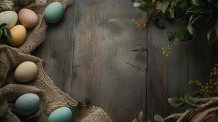 Easter eggs on rustic wooden background with burlap and greenery