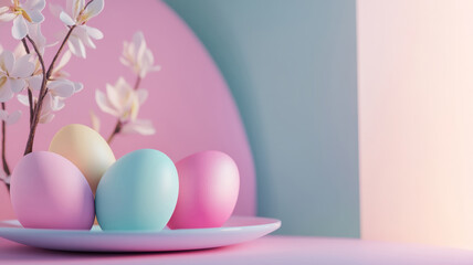 Vibrant Easter background with pastel-colored eggs on soft pink and blue gradient backdrop with blooming cherry blossoms