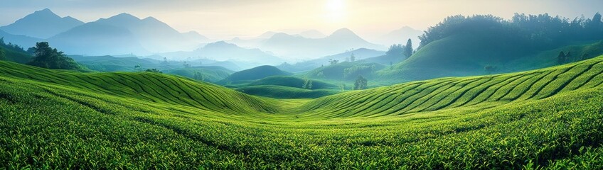 Obraz premium Rolling Green Tea Fields in Serene Landscape