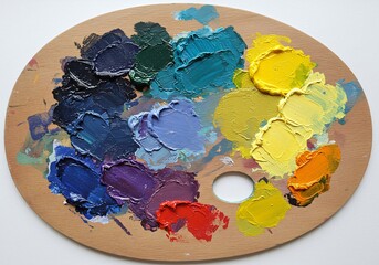 Top-down view of an artist's palette with vibrant paint strokes and mixed colors