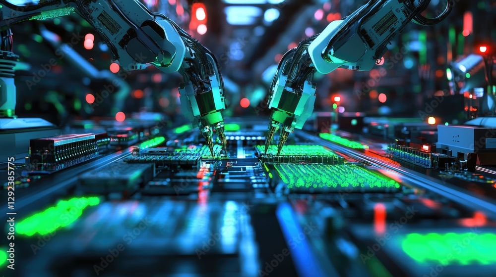 Poster futuristic automated factory where robotic arms are assembling microchip-packed circuit boards at li