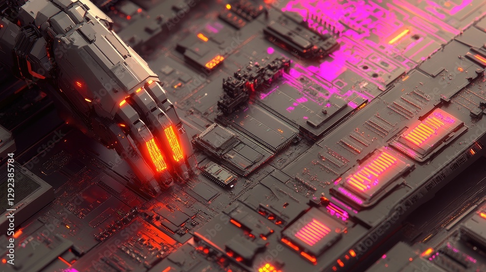 Poster futuristic automated factory where robotic arms are assembling microchip-packed circuit boards at li