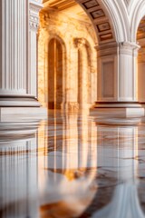 Obraz premium Reflective marble floor in a grand hall with classical columns. Warm, inviting light.