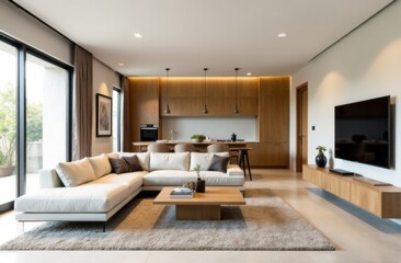 Living room interior design in modern style with white sofas and coffee table. High quality photo