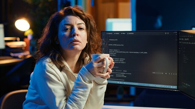 Portrait of engineer drinking coffee in the morning and futureproofing company network from downtimes. IT admin enjoying hot beverage while increasing data security, camera A
