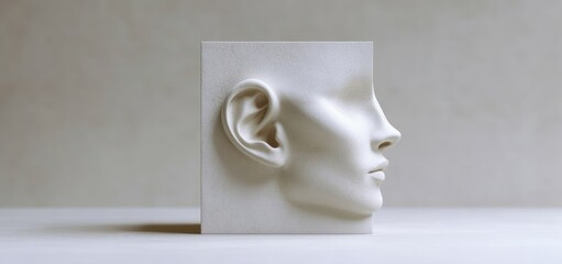 Ear Minimalist Sculpture on White Cube Modern Art Hearing Health Care Concept 3D Rendering