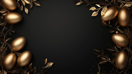 Luxury Easter decoration with golden eggs and leaves on a black background