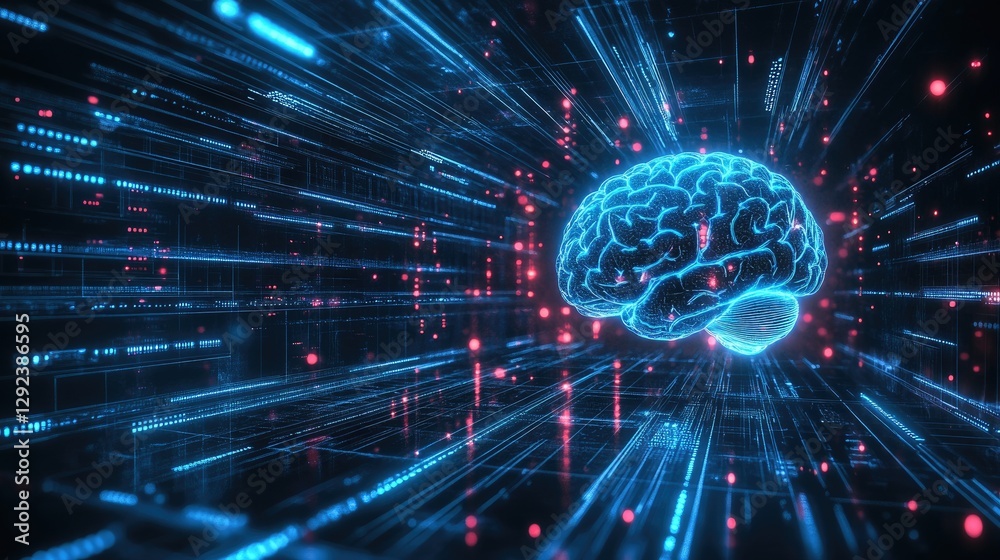 Poster futuristic human brain floating above a quantum computer, connected by glowing data streams.