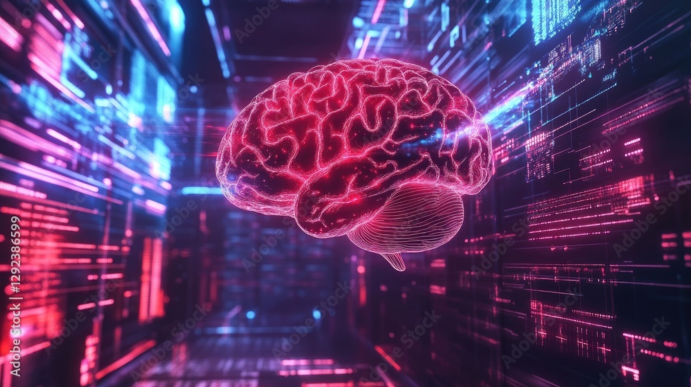 Poster futuristic human brain floating above a quantum computer, connected by glowing data streams.