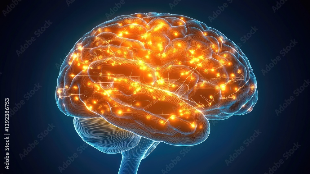 Poster futuristic human brain with glowing neural connections linked to a high-tech computer chip, symboliz