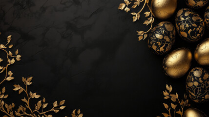 Black and gold Easter eggs on dark luxury background
