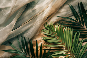 Palm Leaves Copy Space for Palm Sunday highlighting natural palm branches and cultural fabrics representing biblical tradition and worship