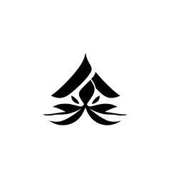 Fototapeta premium Black and white image, featuring a stylized lotus, with an upper triangle shape over a symmetric leaf pattern, against a white background.