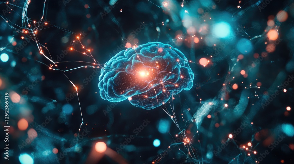Poster futuristic neuroscience interface with glowing brain synapses linked to a transparent supercomputer.