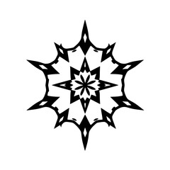 Symmetric snowflake pattern in black and white, geometric design, with spikes, radiating outward, creating a stark aesthetic.