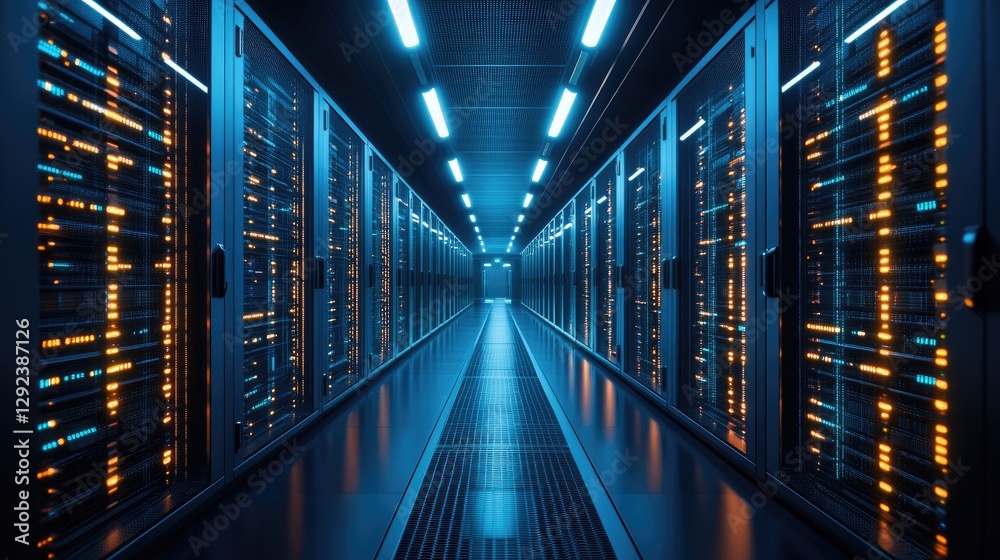 Poster futuristic quantum supercomputer structure on a dark navy background, symbolizing high-performance c