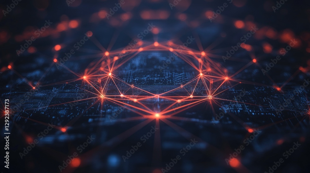 Poster futuristic quantum supercomputer structure on a dark navy background, symbolizing high-performance c