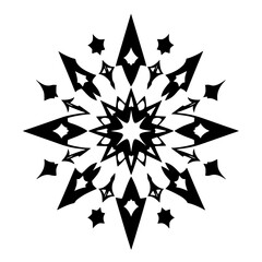 Abstract black and white image of a snowflake-like design in a symmetrical radial composition, isolated on white.