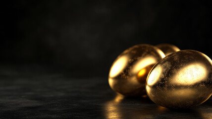 Golden Easter eggs with a luxury texture on a dark stone surface