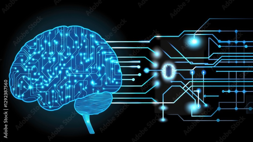 Poster glowing blue human brain with data streams connecting to an advanced quantum processor, symbolizing 