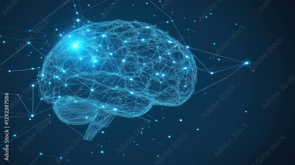 Poster glowing blue human brain with data streams connecting to an advanced quantum processor, symbolizing 