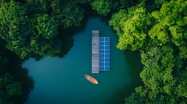 Aerial View Of Solar Panels On Lake
