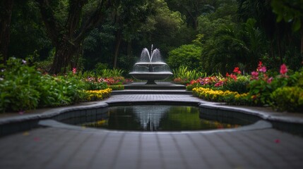 Obraz premium Serene garden fountain with vibrant flowers.
