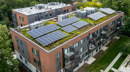 Fototapeta premium Aerial View of Urban Cityscape with Solar Panels on Rooftops in European Town