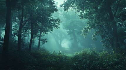 Obraz premium Mystical fog shrouds a dense, green forest path.
