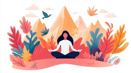 Obraz premium Woman meditating peacefully amidst nature's beauty. Serene colors and lush foliage create a tranquil atmosphere.