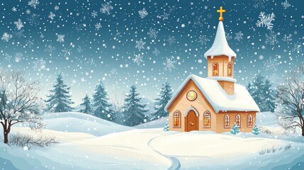 A charming winter scene featuring a snow-covered church amidst trees, with snowflakes gently falling in a serene, blue sky.
