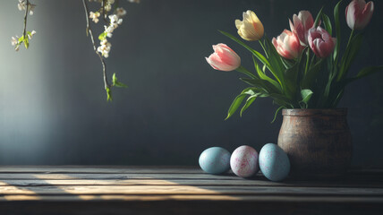Tulips And Painted Eggs In Rustic Setting