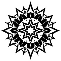 Black and white symmetrical starburst mandala with spikes and sharp edges. A minimalist composition.