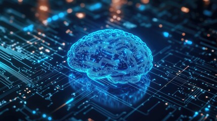 Glowing neurons from a cybernetic brain transmitting data into a futuristic processor, symbolizing machine learning.